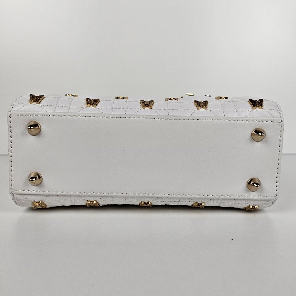 SOLD Dior Small Lady White Cannage Lambskin With Gold-Finish Butterfly Studs - Picture 5 of 13